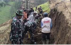 Kemanunggalan TNI Dan Rakyat , Danramil 0819/26 Tosari Pimpin Karya Bhakti Pelebaran Jalan Alternatif